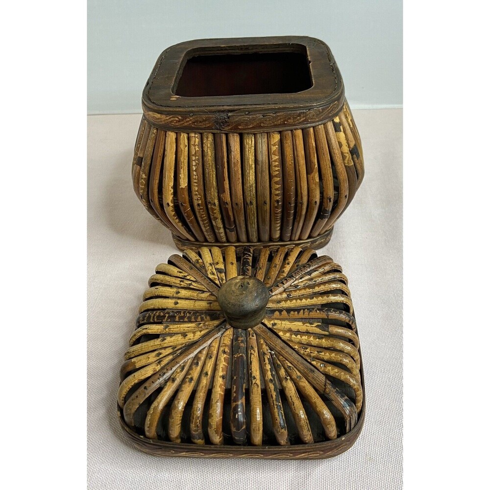 Vintage Wood Rattan Brown Tan Canister Container Intricate Design With Lid